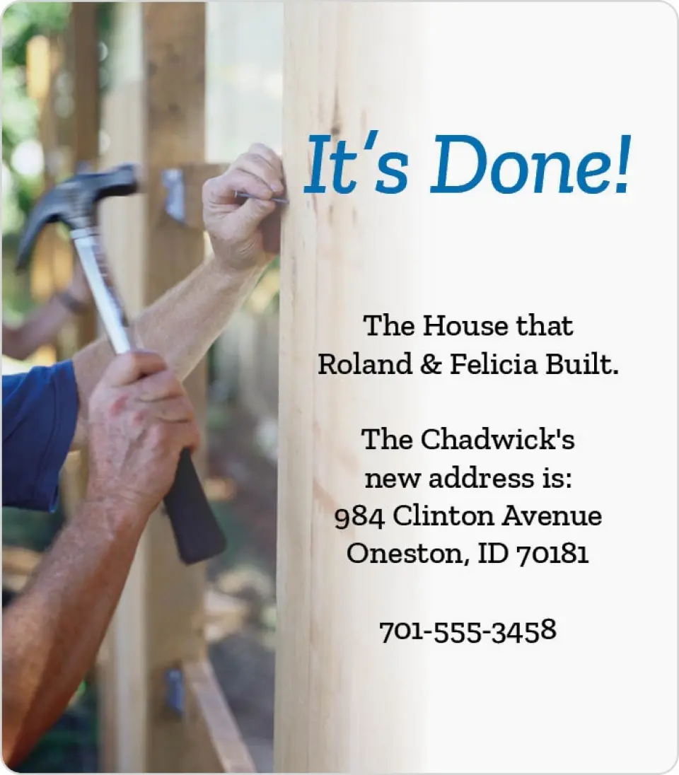 This is a 3½" x 4" Moving Announcement Magnet called It's Done printed in full color with a Luxe Satin finish