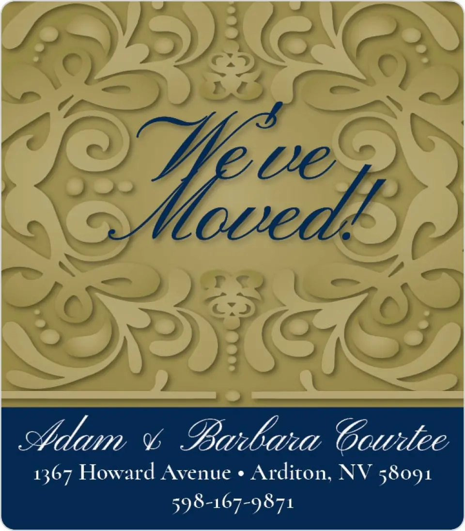 This is a 3½" x 4" Moving Announcement Magnet called Bronze Scroll Work printed in full color with a Luxe Satin finish