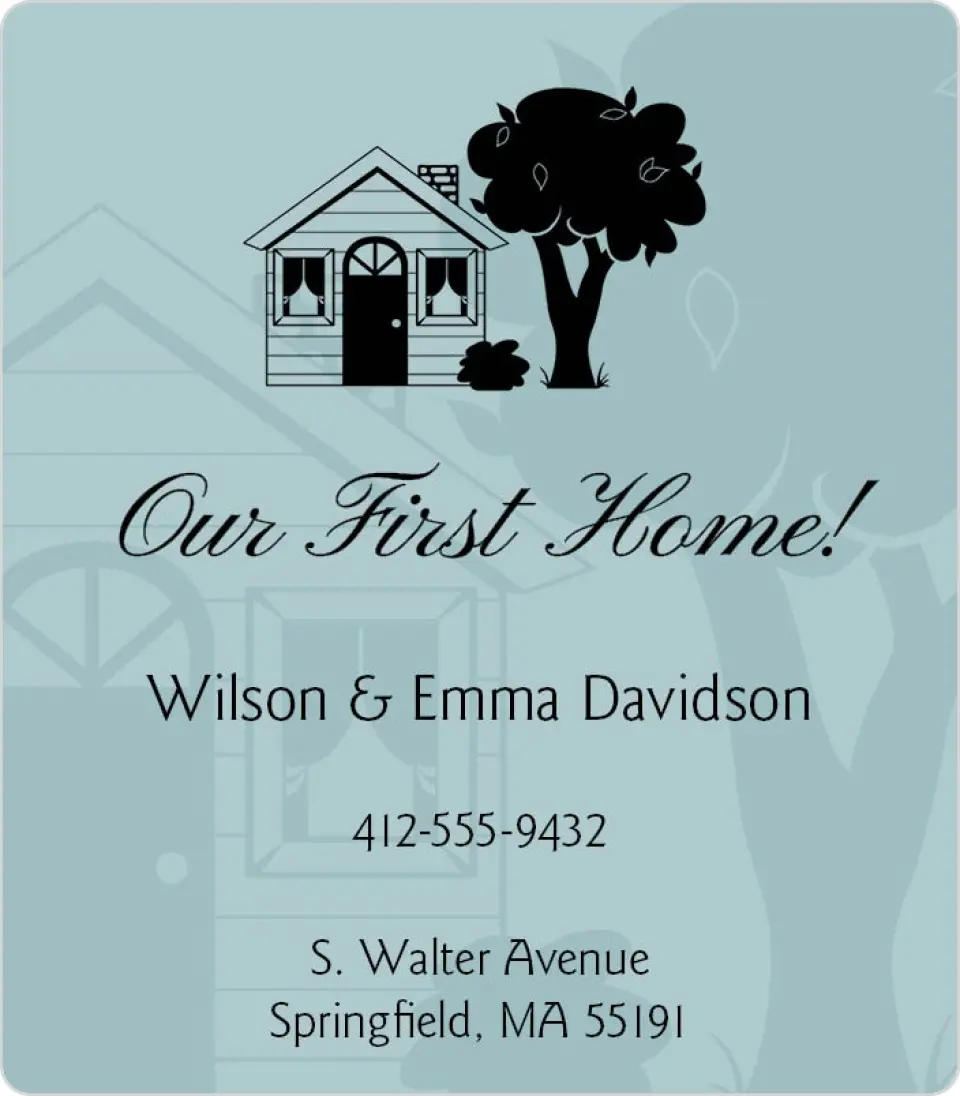 This is a 3½" x 4" Moving Announcement Magnet called Our First Home printed in full color with a Luxe Satin finish