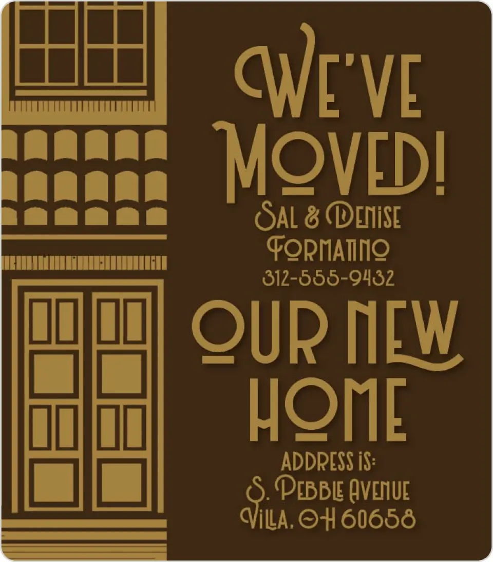 This is a 3½" x 4" Moving Announcement Magnet called City Streets printed in full color with a Luxe Satin finish