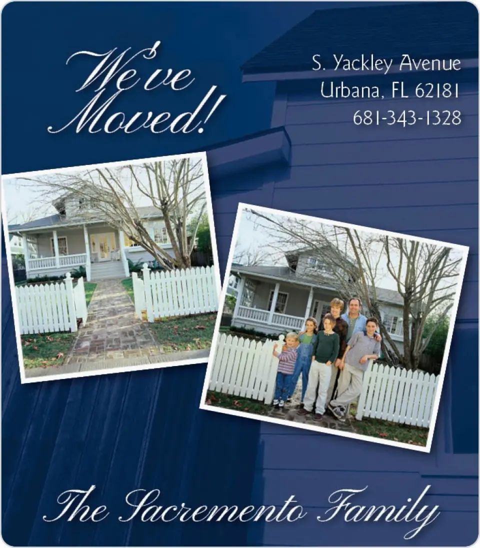 This is a 3½" x 4" Moving Announcement Magnet called Blue House Background printed in full color with a Luxe Satin finish