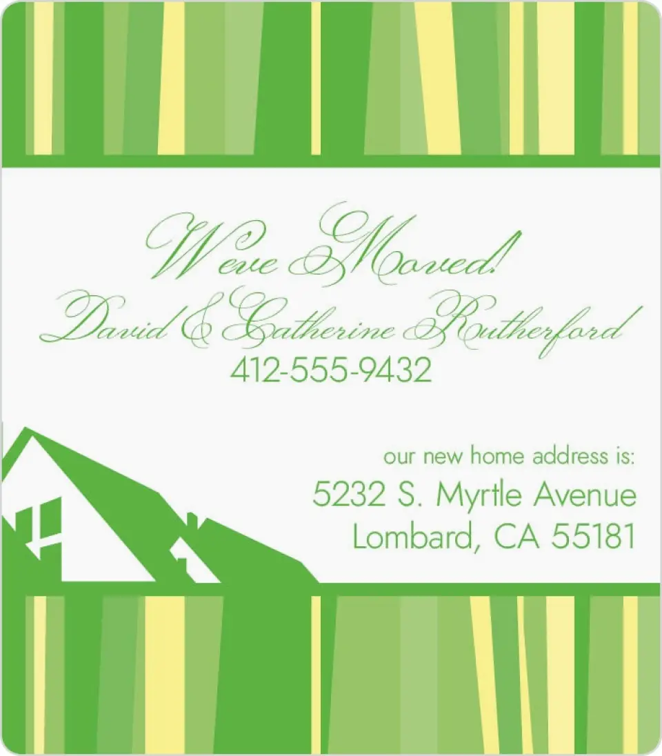 This is a 3½" x 4" Moving Announcement Magnet called House Character & Stripes printed in full color with a Luxe Satin finish