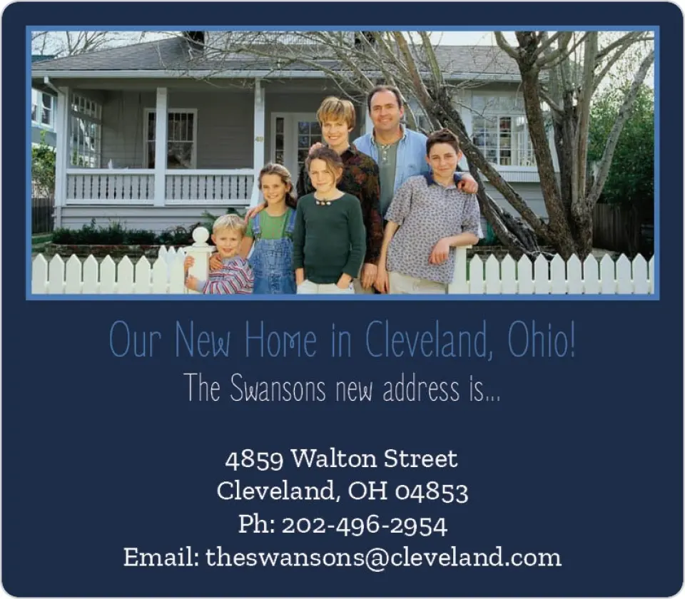 This is a 3½" x 4" Moving Announcement Magnet called Blue Background printed in full color with a Luxe Satin finish