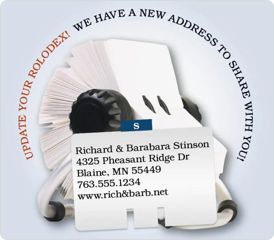 This is a 3½" x 4" Moving Announcement Magnet called Rolodex Update printed in full color with a Luxe Satin finish