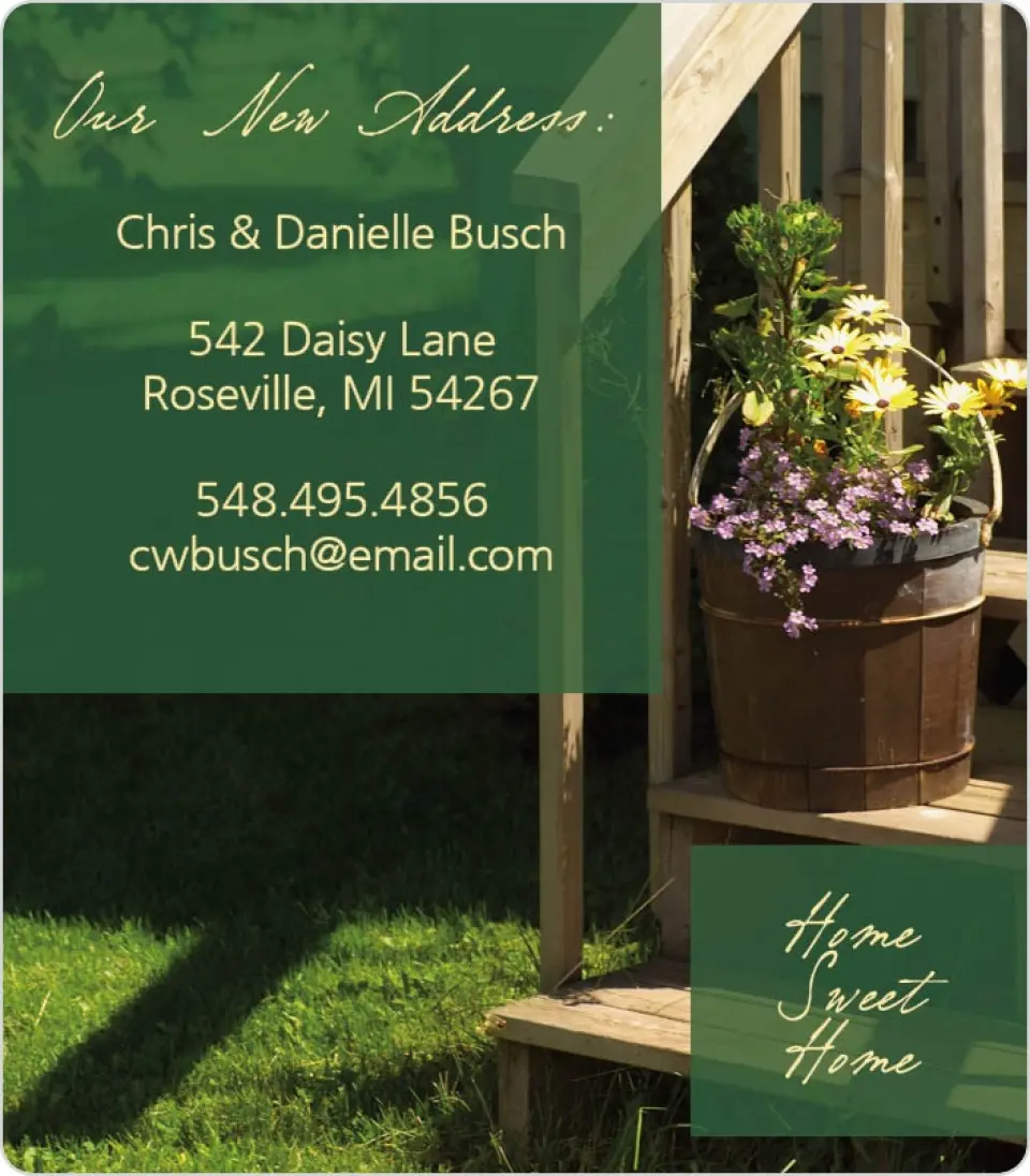 This is a 3½" x 4" Moving Announcement Magnet called Flower Pot printed in full color with a Luxe Satin finish