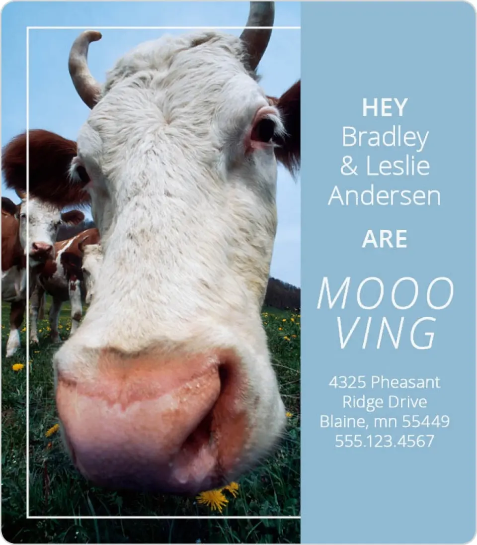 This is a 3½" x 4" Moving Announcement Magnet called MOOVING printed in full color with a Luxe Satin finish