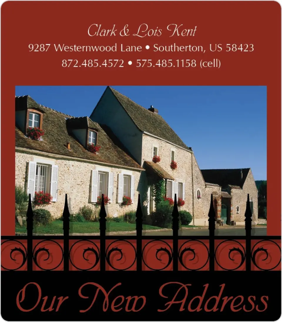 This is a 3½" x 4" Moving Announcement Magnet called Picket Fence, Red Background printed in full color with a Luxe Satin finish