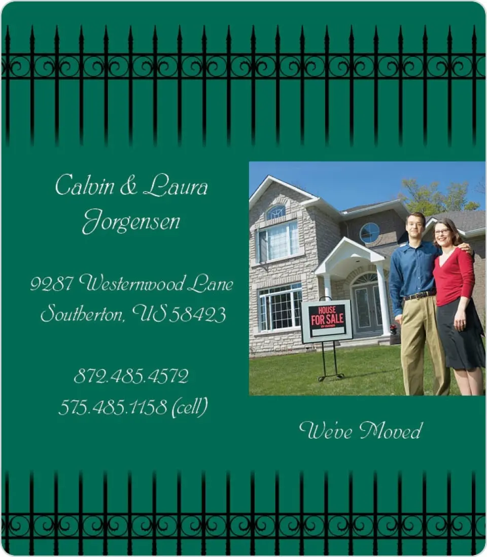 This is a 3½" x 4" Moving Announcement Magnet called Picket Fence , Green Background printed in full color with a Luxe Satin finish