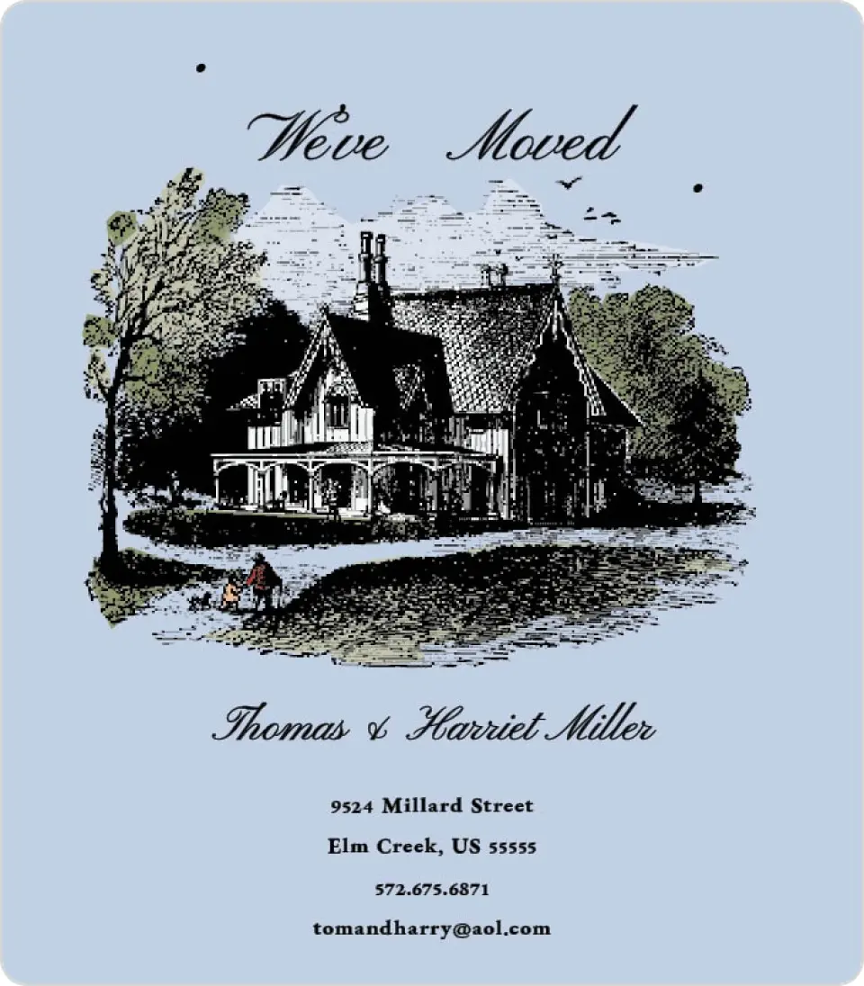 This is a 3½" x 4" Moving Announcement Magnet called Cottage with Porch printed in full color with a Luxe Satin finish