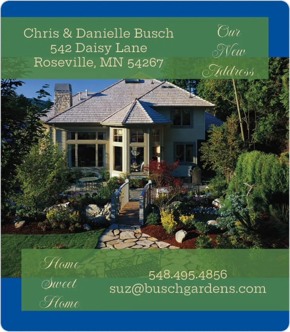 This is a 3½" x 4" Moving Announcement Magnet called House in the Woods printed in full color with a Luxe Satin finish