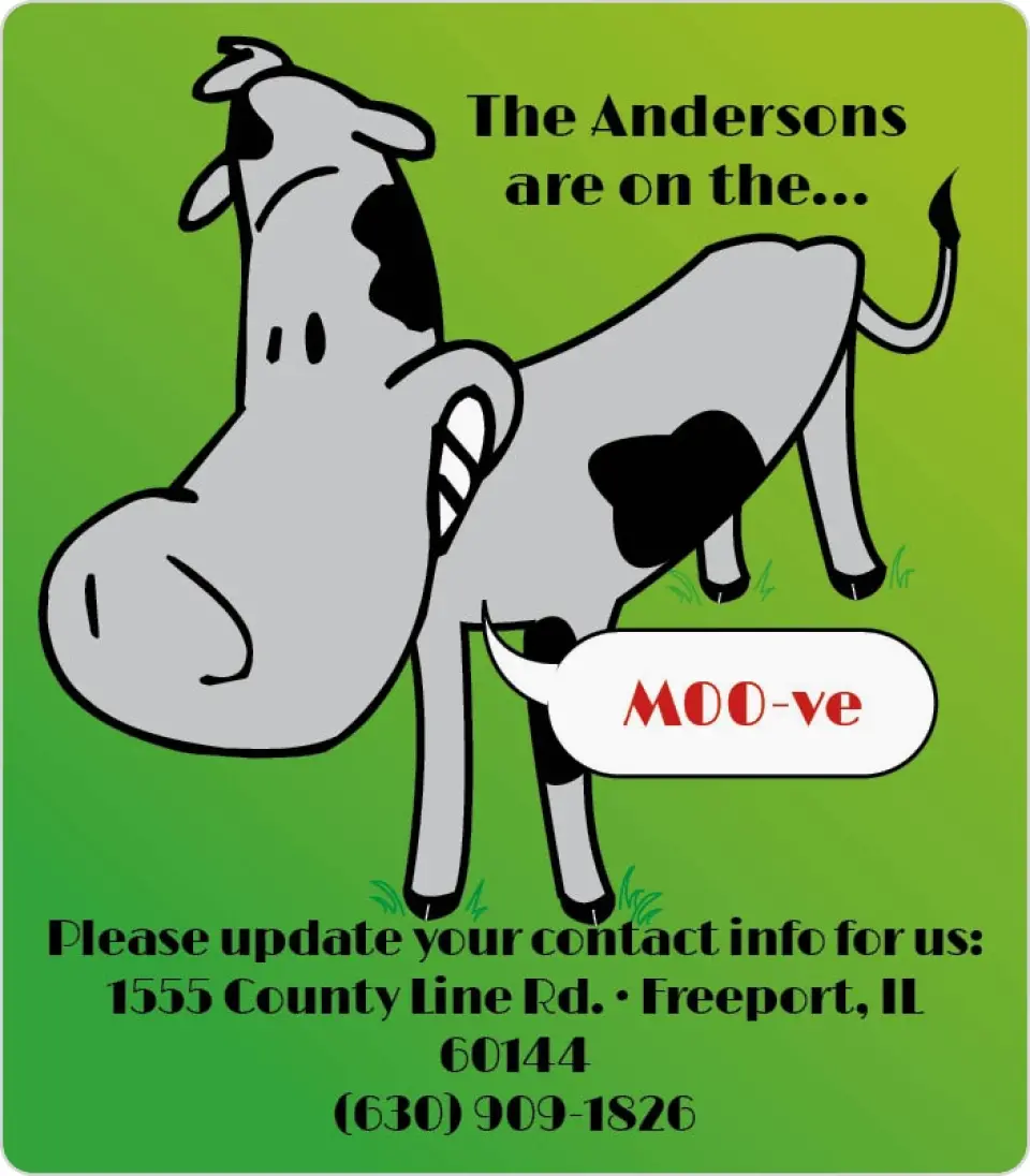 This is a 3½" x 4" Moving Announcement Magnet called Moo-ving printed in full color with a Luxe Satin finish