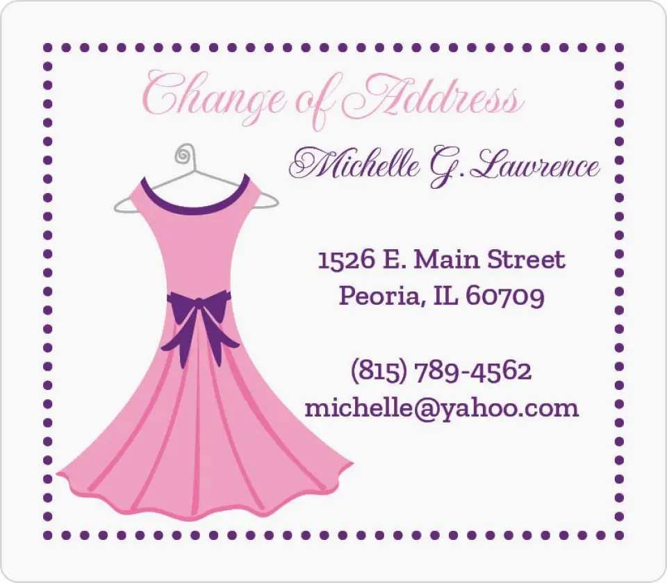 This is a 3½" x 4" Moving Announcement Magnet called Change of A Dress printed in full color with a Luxe Satin finish