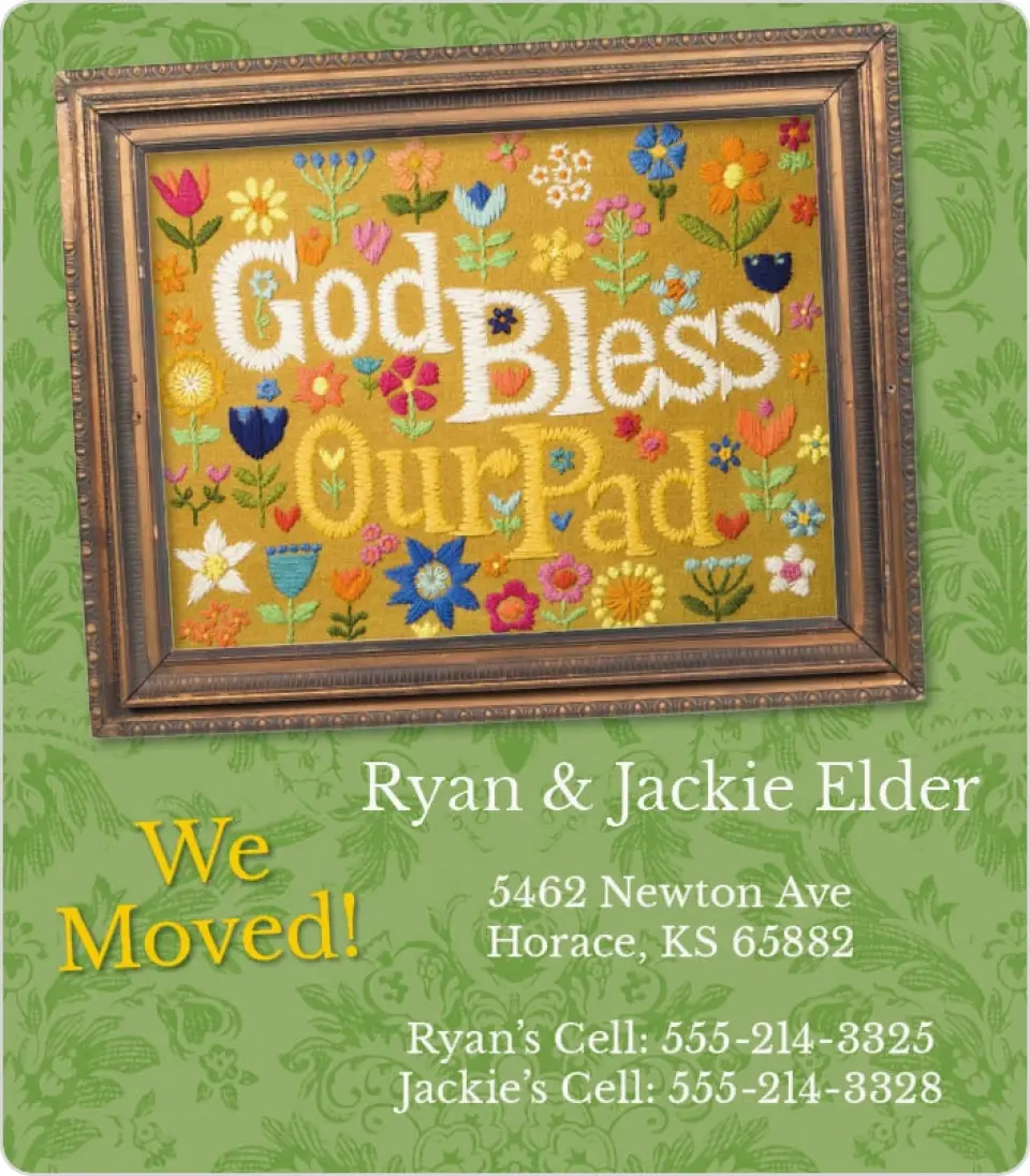 This is a 3½" x 4" Moving Announcement Magnet called God Bless our Pad printed in full color with a Luxe Satin finish