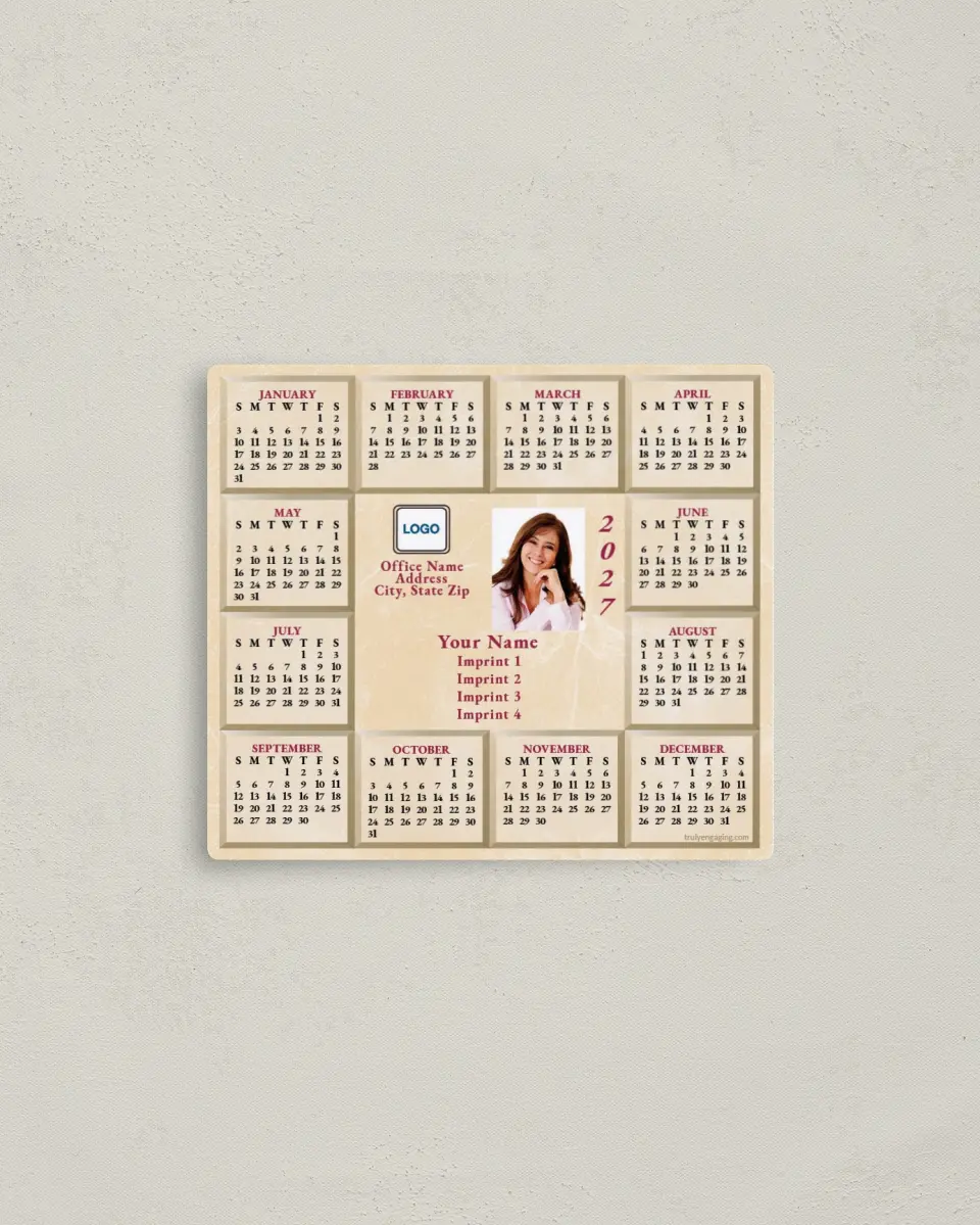 This is a 3½" x 4" Full Magnet Calendar called Gold Marble with Burgundy printed in full color with a Standard Gloss finish