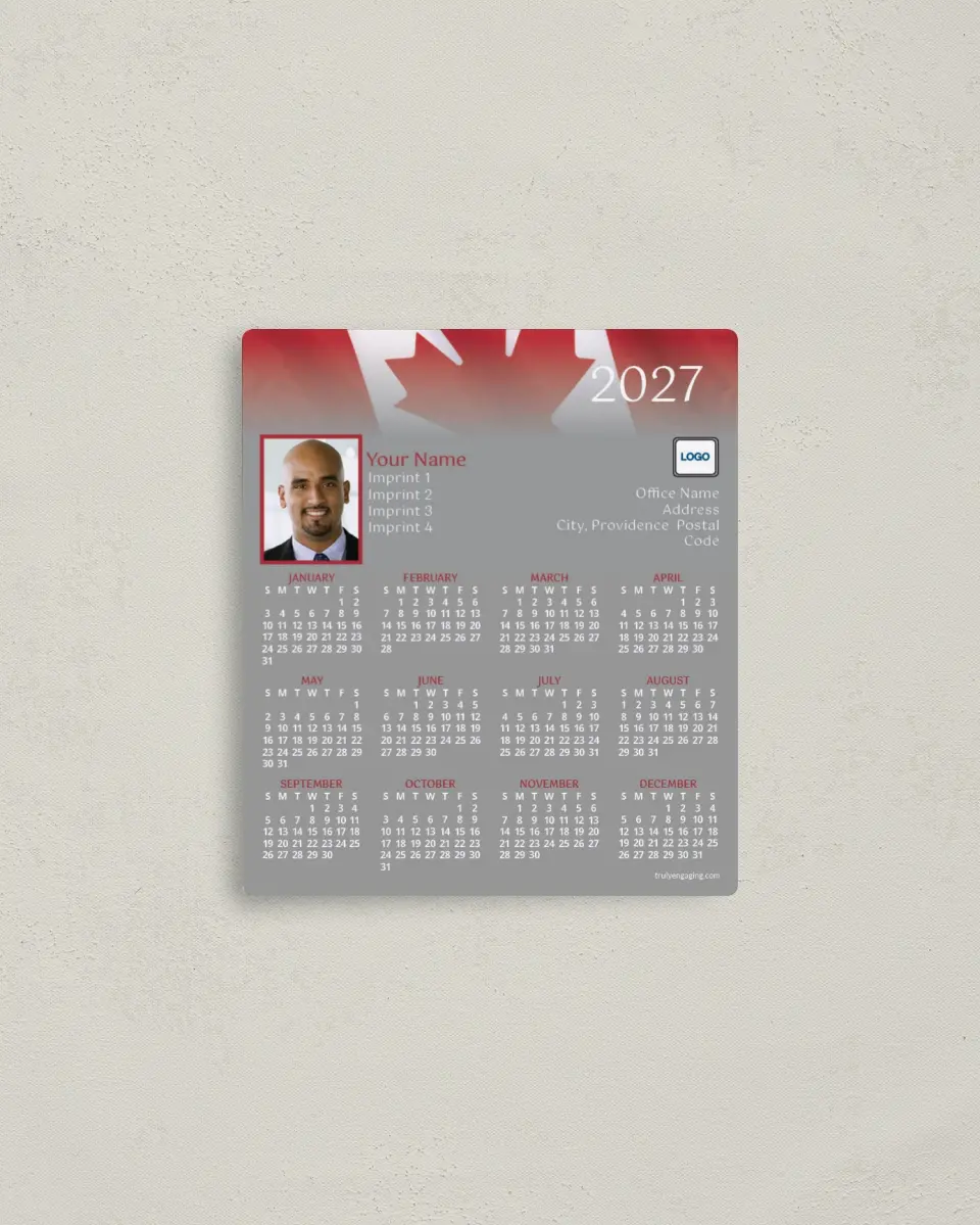This is a 3½" x 4" Full Magnet Calendar called Canadian Flag Fading to Gray printed in full color with a Standard Gloss finish
