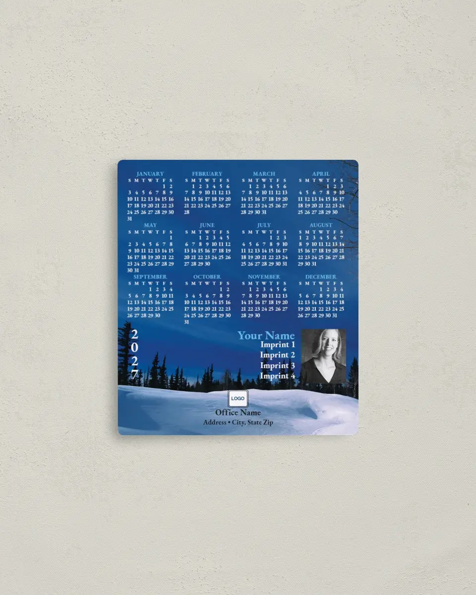 This is a 3½" x 4" Full Magnet Calendar called Trees in Snow printed in full color with a Standard Gloss finish