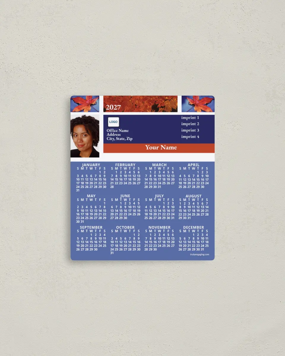 This is a 3½" x 4" Full Magnet Calendar called Leaves & Tree in Autumn printed in full color with a Standard Gloss finish