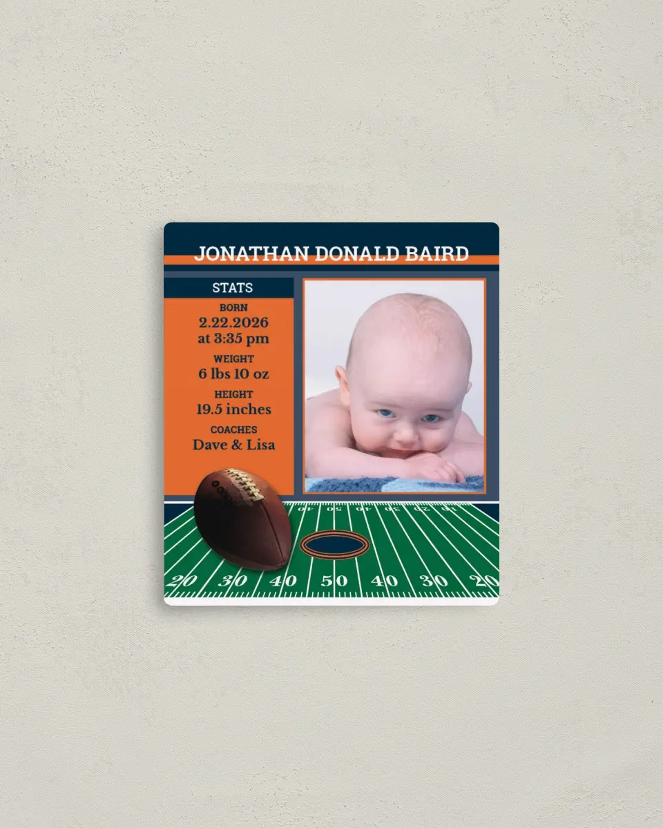 This is a 3½" x 4" Birth Announcement Magnet called Football Player Stats printed in full color with a Luxe Satin finish