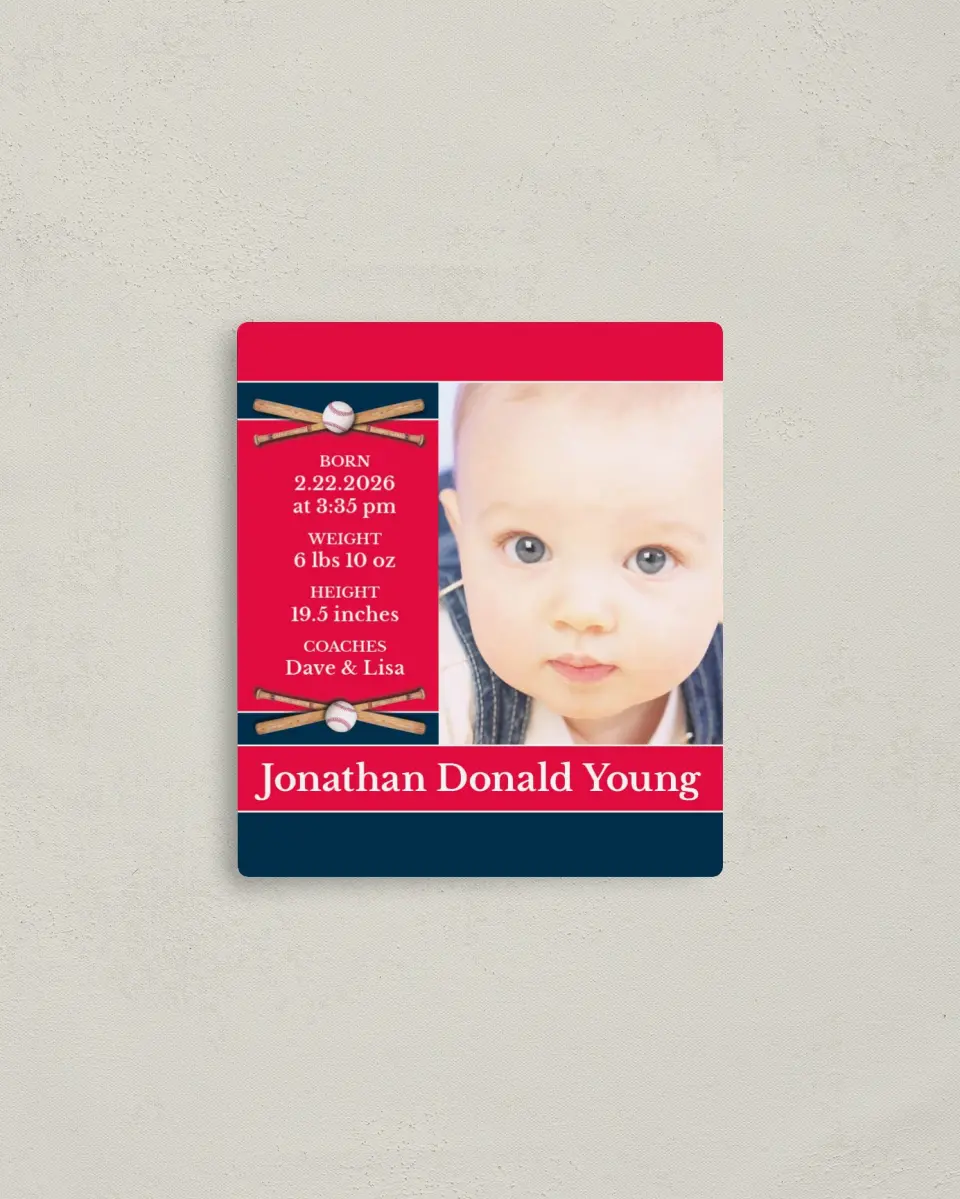 This is a 3½" x 4" Birth Announcement Magnet called Baseball printed in full color with a Luxe Satin finish