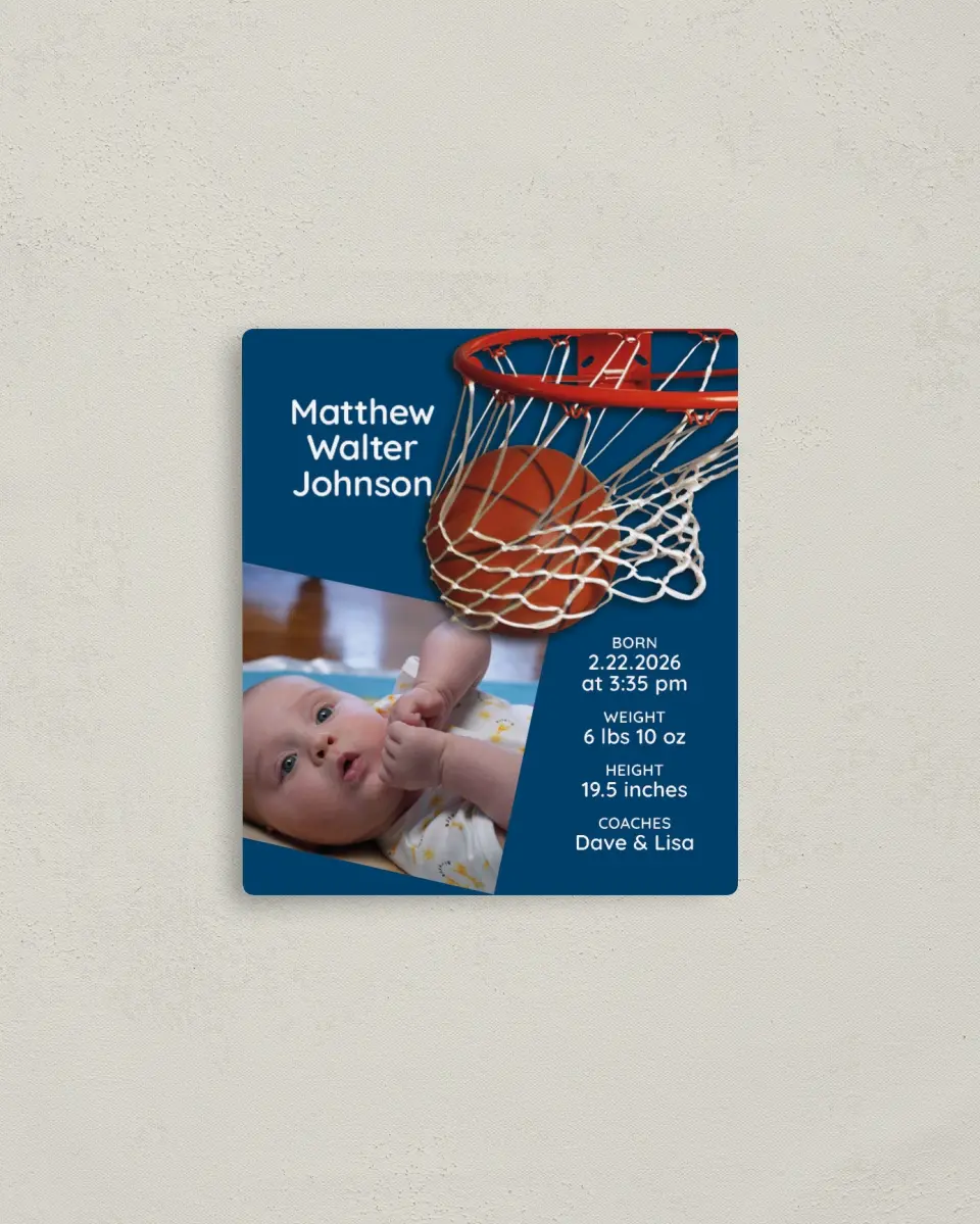This is a 3½" x 4" Birth Announcement Magnet called Basketball printed in full color with a Luxe Satin finish