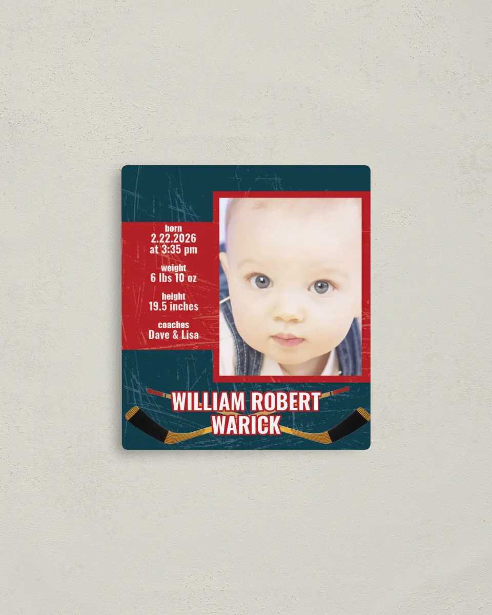 This is a 3½" x 4" Birth Announcement Magnet called Hockey printed in full color with a Luxe Satin finish
