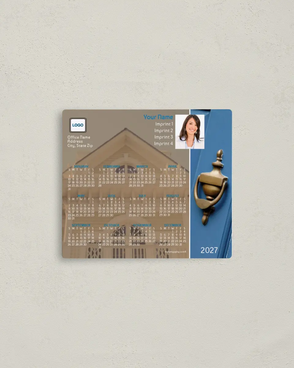 This is a 3½" x 4" Full Magnet Calendar called Brown Faded House with Door Knocker printed in full color with a Standard Gloss finish