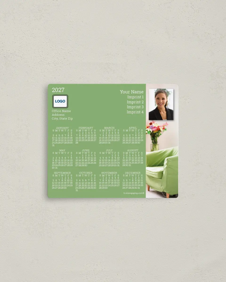 This is a 3½" x 4" Full Magnet Calendar called Pale Green with Comfy Chair printed in full color with a Standard Gloss finish