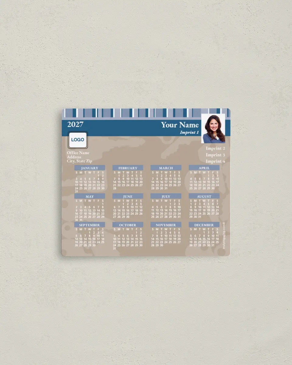 This is a 3½" x 4" Full Magnet Calendar called Blue Stripes with Keys printed in full color with a Standard Gloss finish