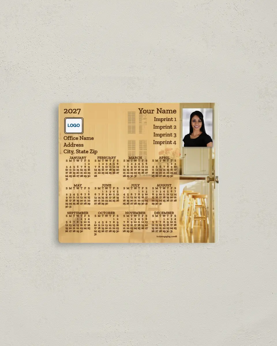 This is a 3½" x 4" Full Magnet Calendar called Brown with Kitchen Stools printed in full color with a Standard Gloss finish