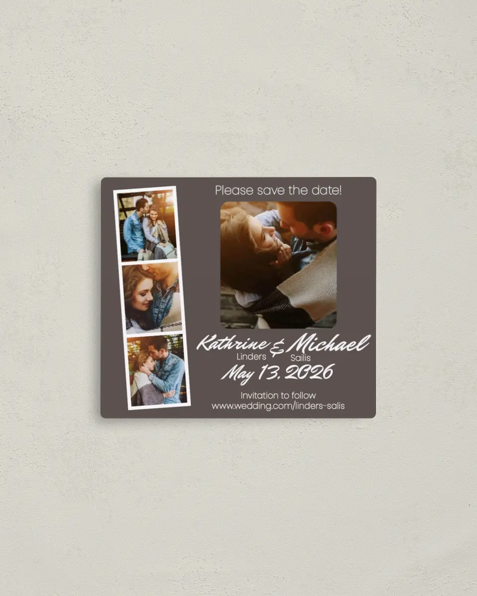 This is a 3½" x 4" Save the Date Magnet called A Photo Booth printed in full color with a Luxe Satin finish