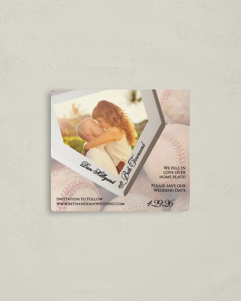 This is a 3½" x 4" Save the Date Magnet called Baseball, We Fell In Love Over Home Plate printed in full color with a Luxe Satin finish