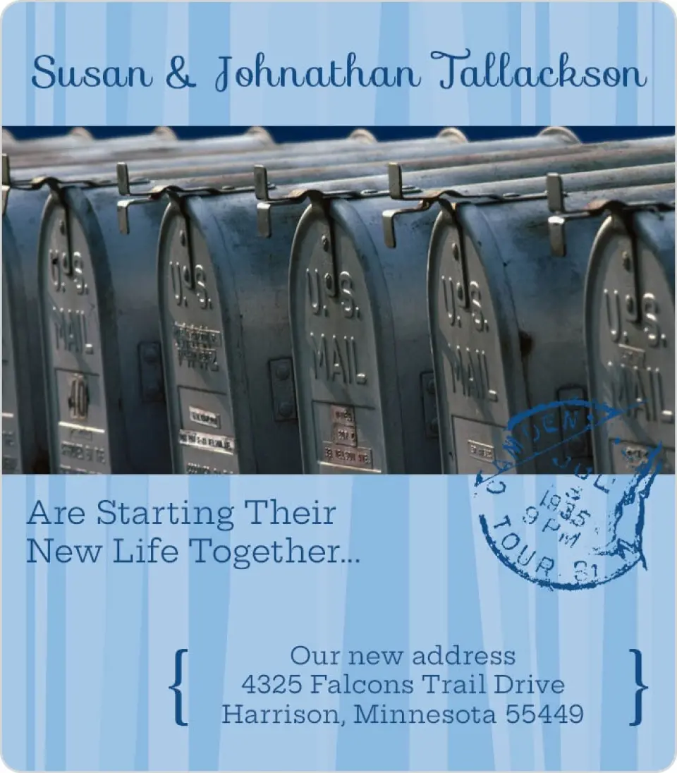 This is a 3½" x 4" Moving Announcement Magnet called Our New Address printed in full color with a Luxe Satin finish