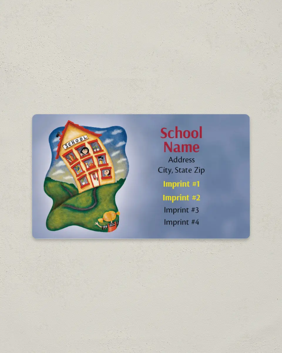 This is a 2" x 3½" School Contact Magnet called Blue with Schoolhouse and Children printed in full color
