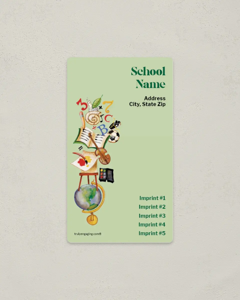 This is a 2" x 3½" School Contact Magnet called Globe, Paints, Violin, Book, Numbers printed in full color