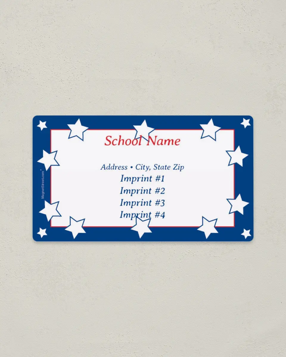 This is a 2" x 3½" School Contact Magnet called Red, White, and Blue with Stars printed in full color