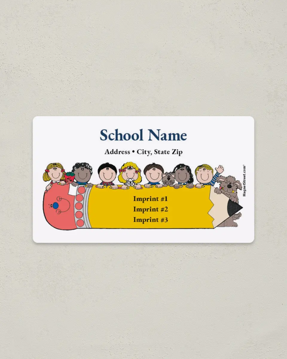 This is a 2" x 3½" School Contact Magnet called Pencil and Children printed in full color