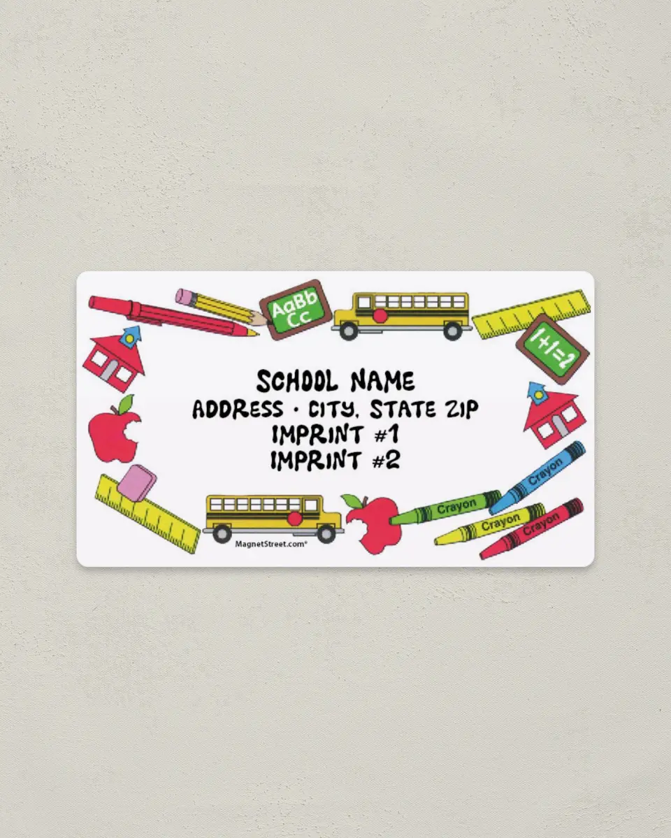 This is a 2" x 3½" School Contact Magnet called Crayons, Bus, Apples, Schoolhouse Border printed in full color