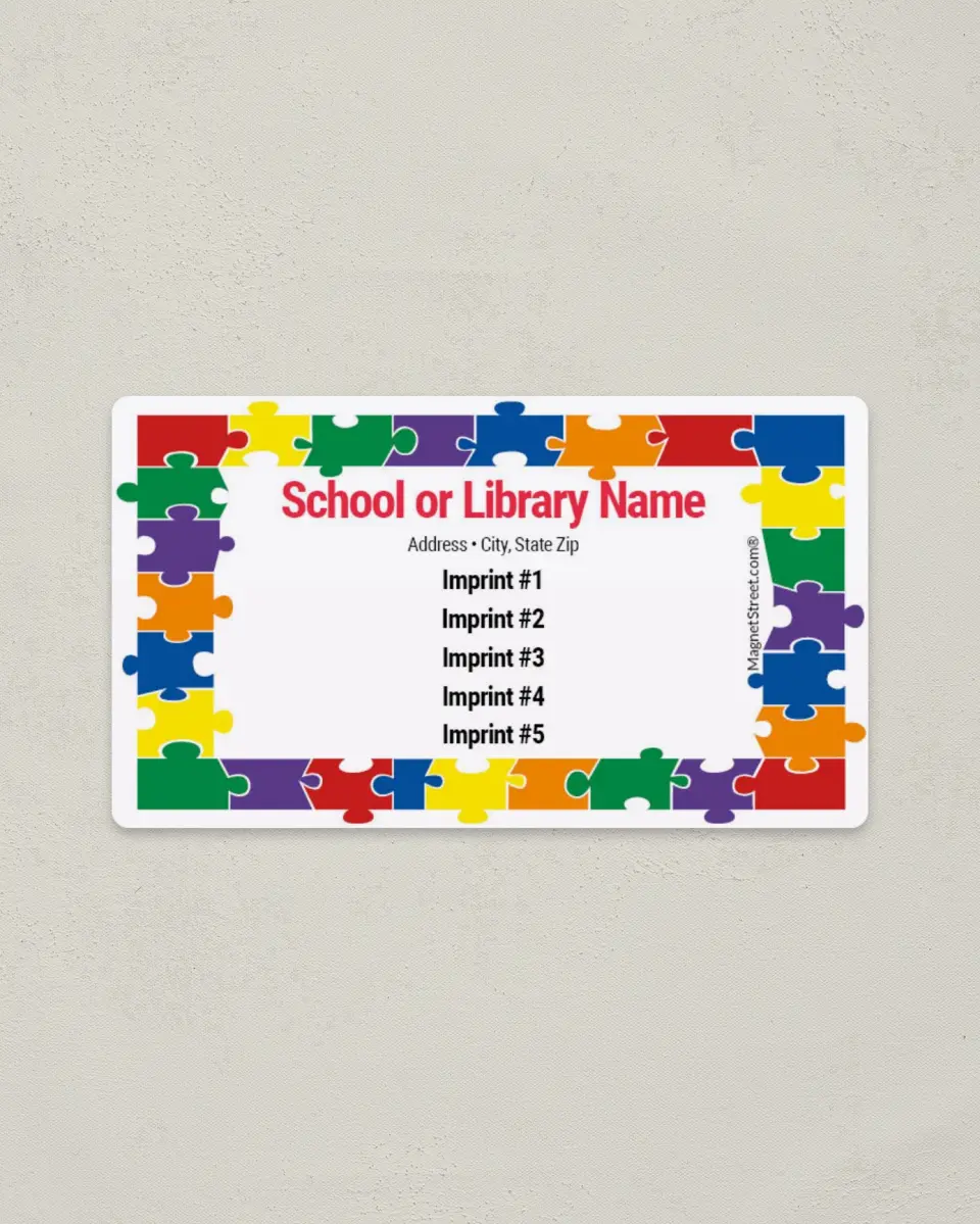 This is a 2" x 3½" School Contact Magnet called Puzzle Border printed in full color