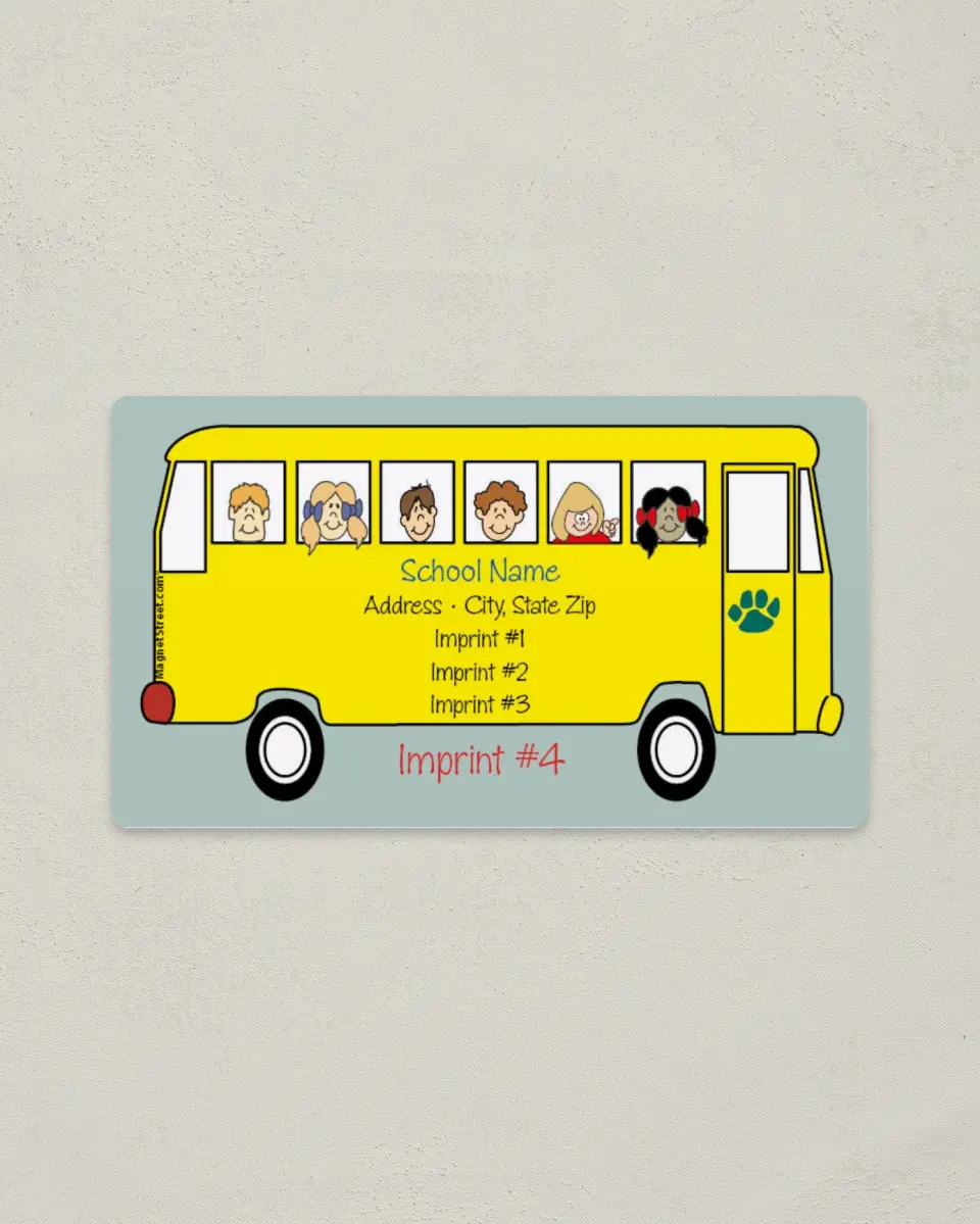 This is a 2" x 3½" School Contact Magnet called School Bus with Kids printed in full color