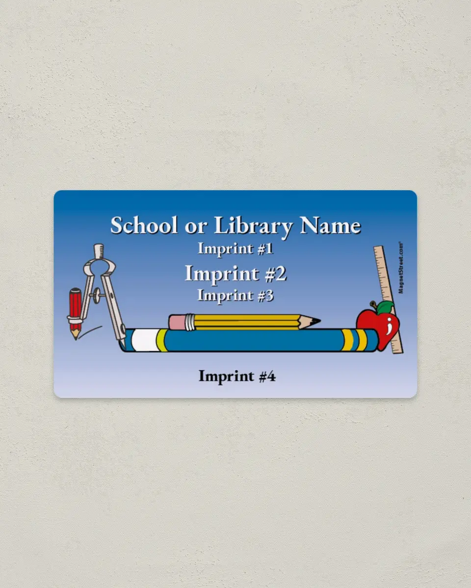 This is a 2" x 3½" School Contact Magnet called Pencils, Apple, Ruler... printed in full color