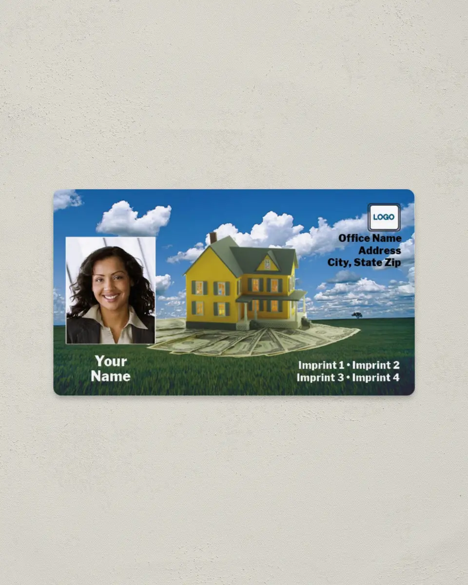 This is a 2" x 3½" Magnetic Business Card called Mortgage Yellow House on Money printed in full color with a Standard Gloss finish