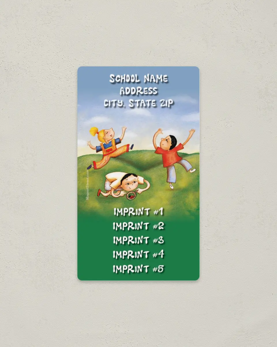 This is a 2" x 3½" School Contact Magnet called Children Playing in Field printed in full color