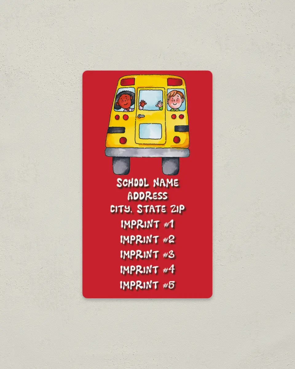 This is a 2" x 3½" School Contact Magnet called Kids Waving on Bus printed in full color