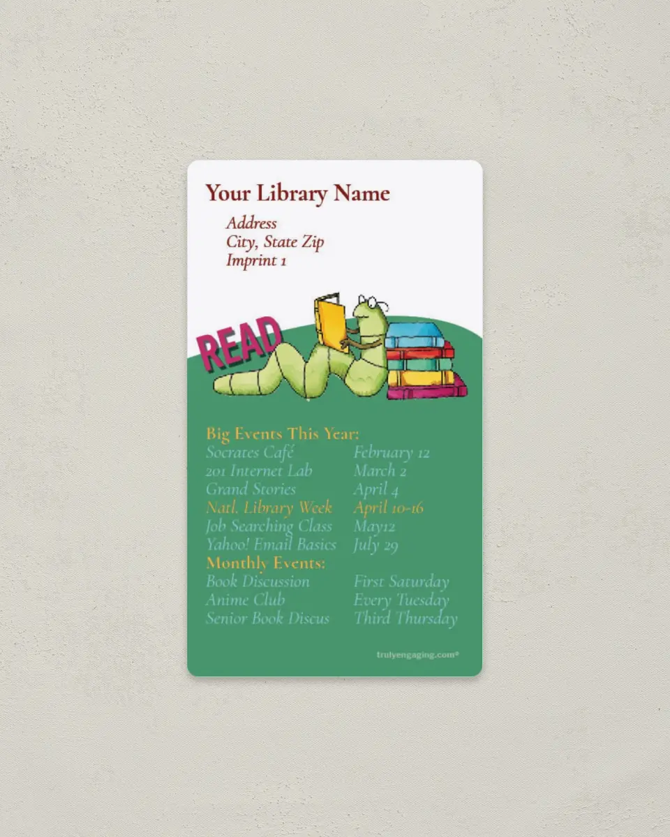 This is a 2" x 3½" School Contact Magnet called Caterpillar Reading a Book printed in full color