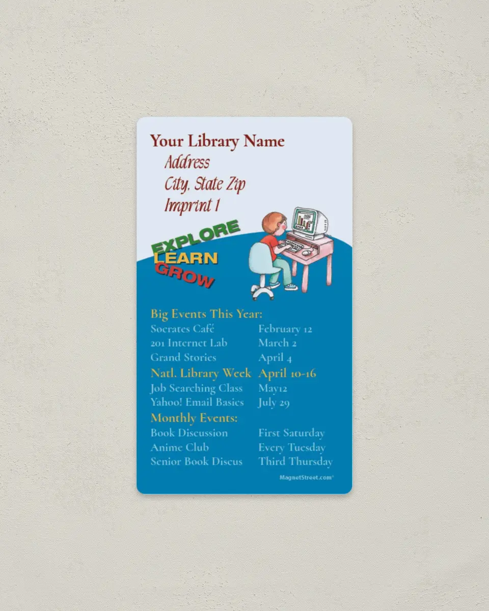 This is a 2" x 3½" School Contact Magnet called Child at a Computer printed in full color