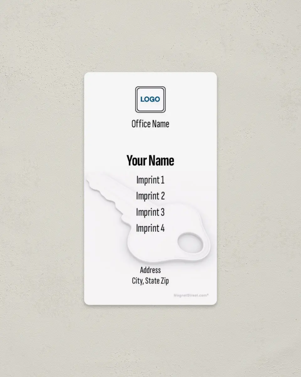 This is a 2" x 3½" Magnetic Business Card called Key Background with White Overlay printed in full color with a Standard Gloss finish