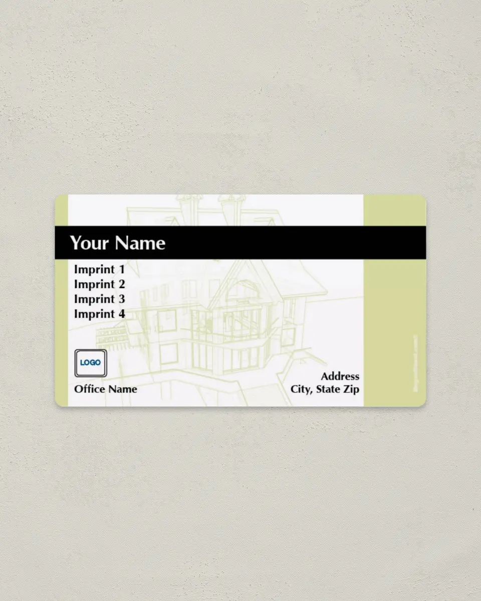 This is a 2" x 3½" Magnetic Business Card called Green Bar with House Outline and No Photo printed in full color with a Standard Gloss finish
