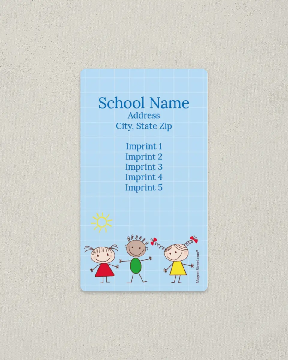 This is a 2" x 3½" School Contact Magnet called Squiggle Kids printed in full color