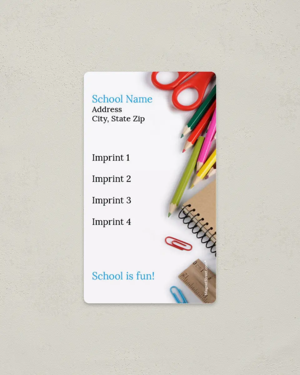 This is a 2" x 3½" School Contact Magnet called Classroom Supplies printed in full color