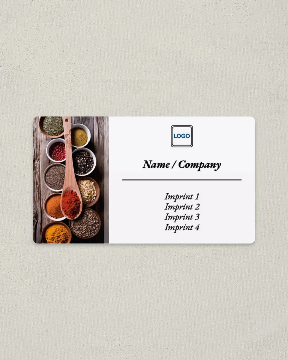 This is a 2" x 3½" Magnetic Business Card called Spices & Seasonings printed in full color with a Standard Gloss finish